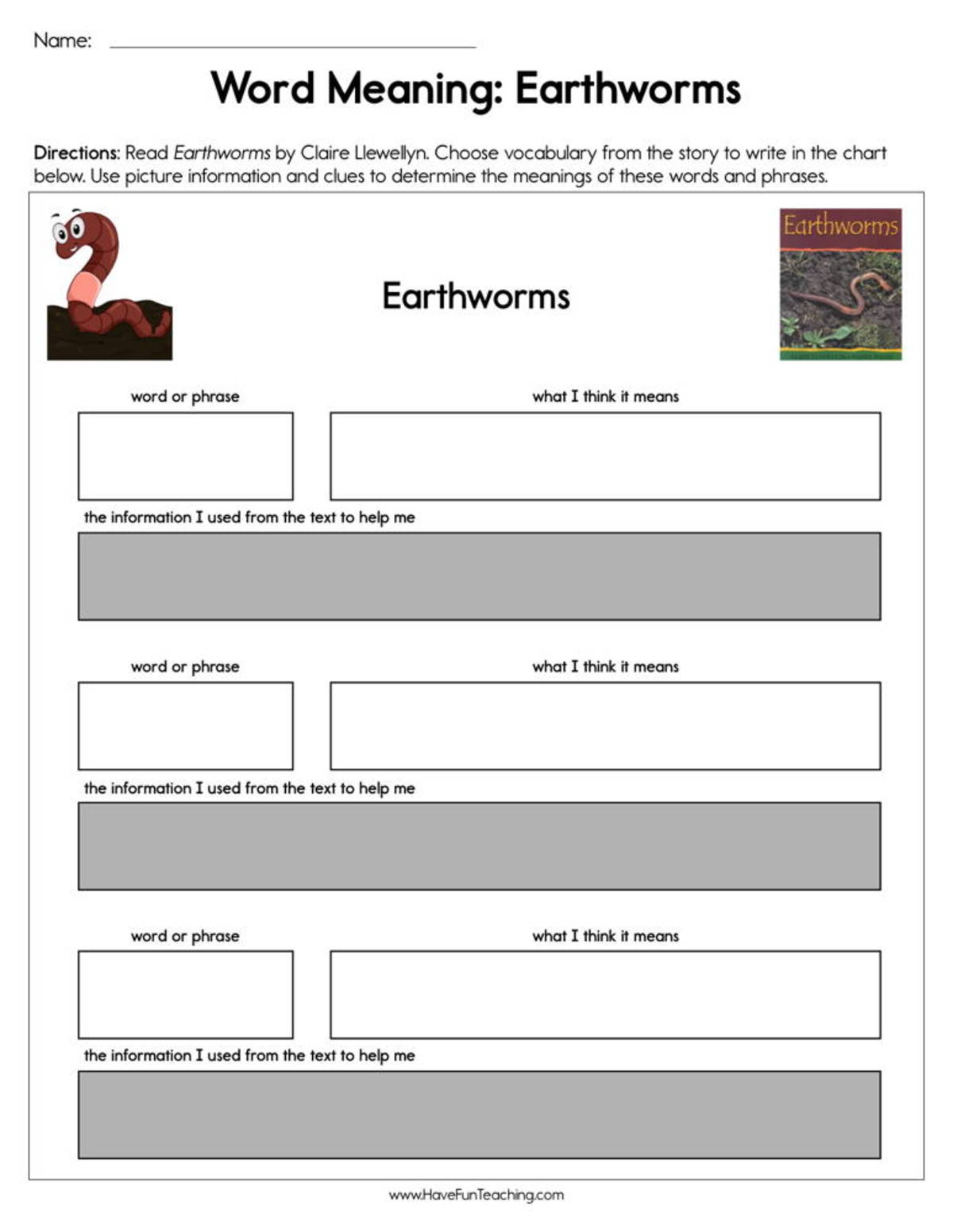 An educational teaching resource from Have Fun Teaching entitled Word Meaning Earthworms Worksheet downloadable at Teach Simple.