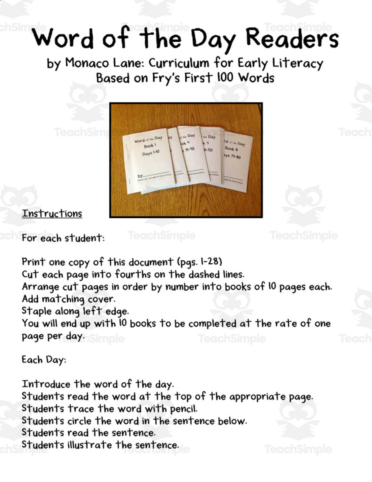 An educational teaching resource from Monaco Lane Curriculum for Early Literacy entitled Word of the Day Readers downloadable at Teach Simple.