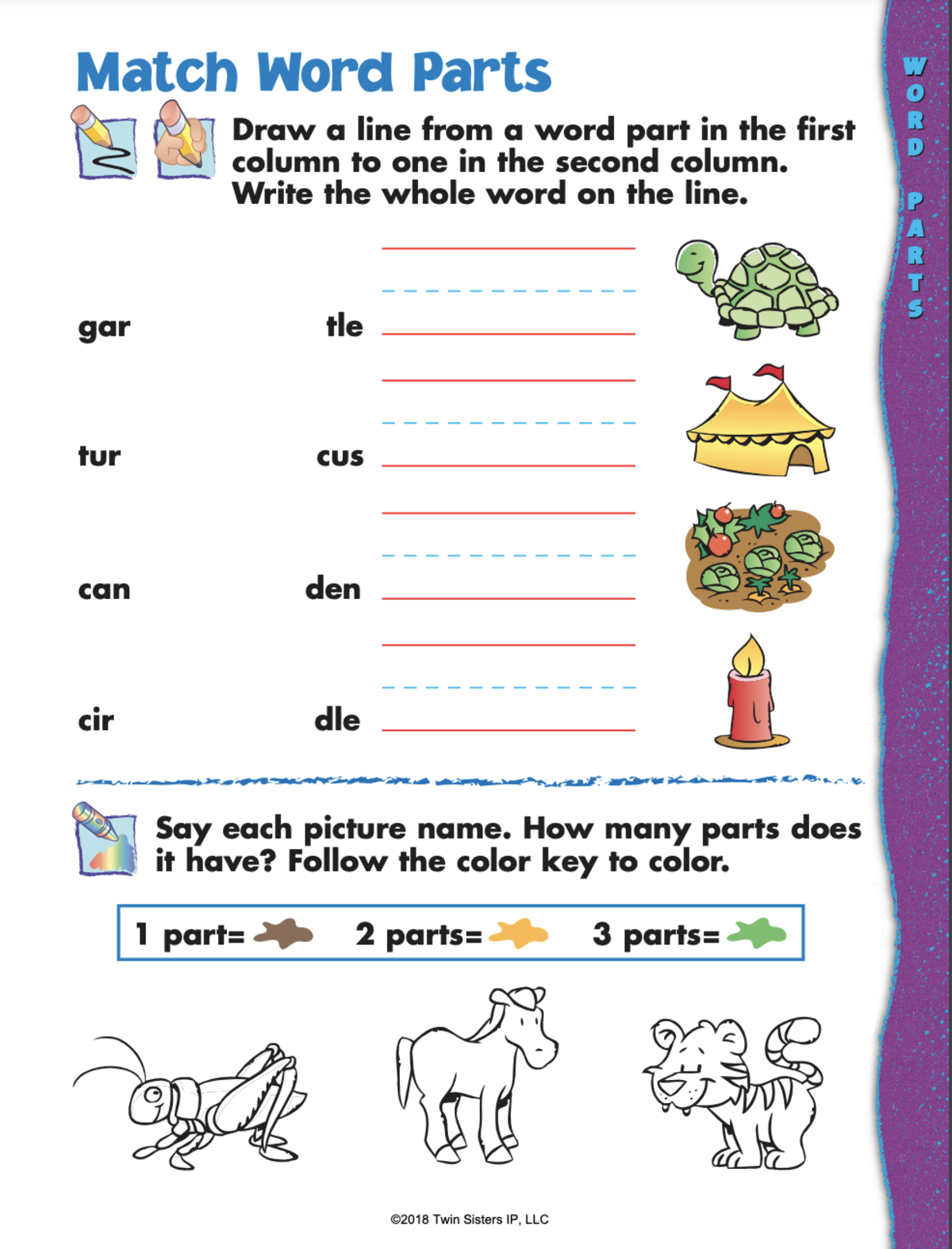 An educational teaching resource from Twin Sisters Digital Media entitled Word Parts and Vowels Set 2 Printable Workbook downloadable at Teach Simple.