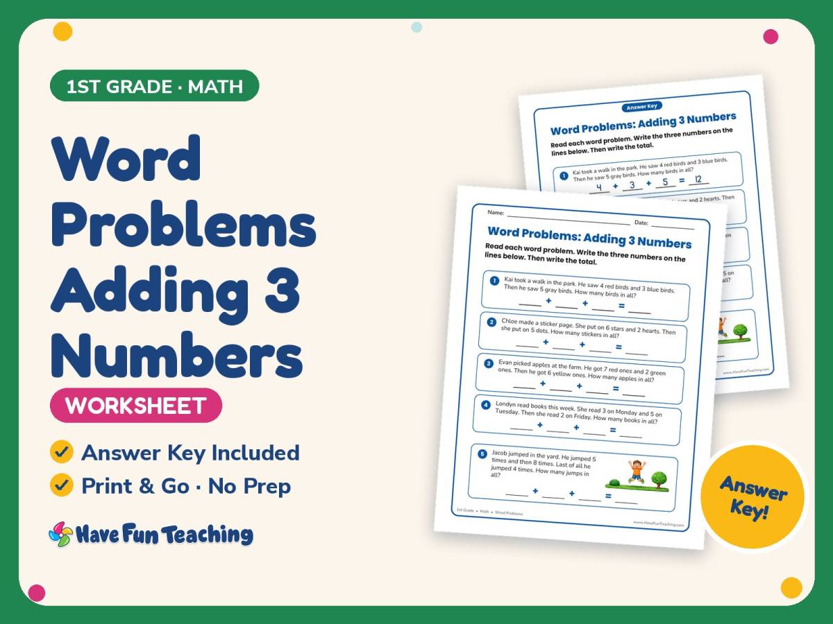 Word Problems Adding 3 Numbers Worksheet – 1st Grade Addition Practice preview