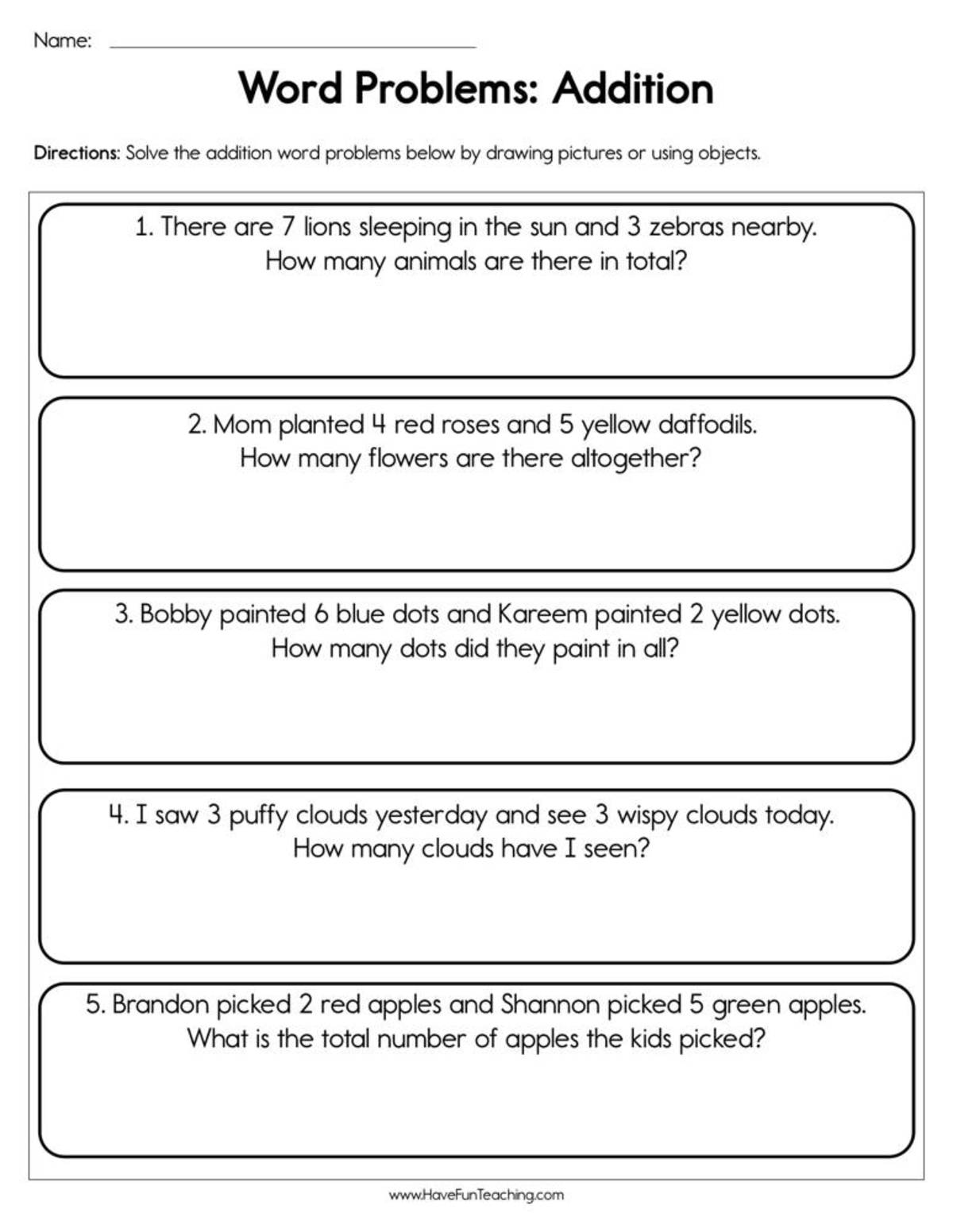 An educational teaching resource from Have Fun Teaching entitled Word Problems Addition Worksheet downloadable at Teach Simple.