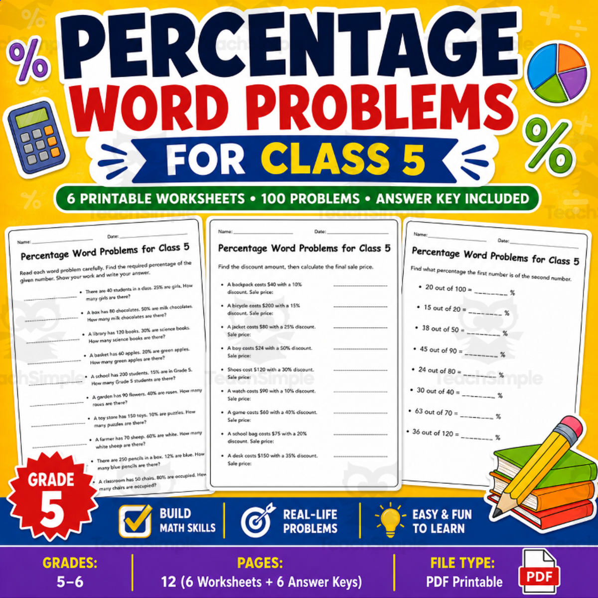 An educational teaching resource from Smart Learning Press entitled word problems on percentage for class 5 with answers downloadable at Teach Simple.