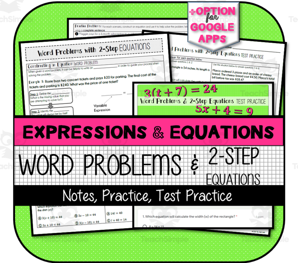 An educational teaching resource from The Math Cafe entitled Word Problems with 2-Step Equations NOTES & PRACTICE downloadable at Teach Simple.