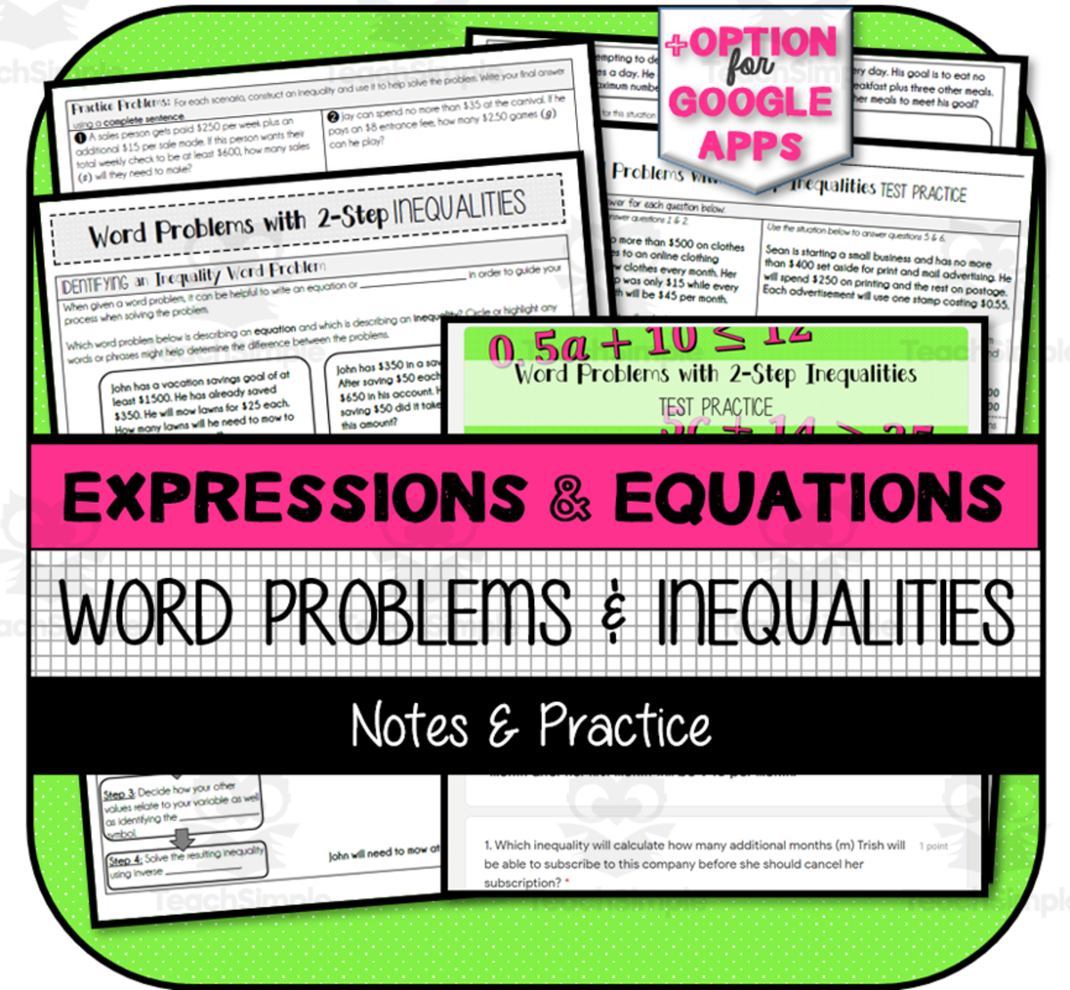 An educational teaching resource from The Math Cafe entitled Word Problems with 2-Step Inequalities NOTES & PRACTICE downloadable at Teach Simple.