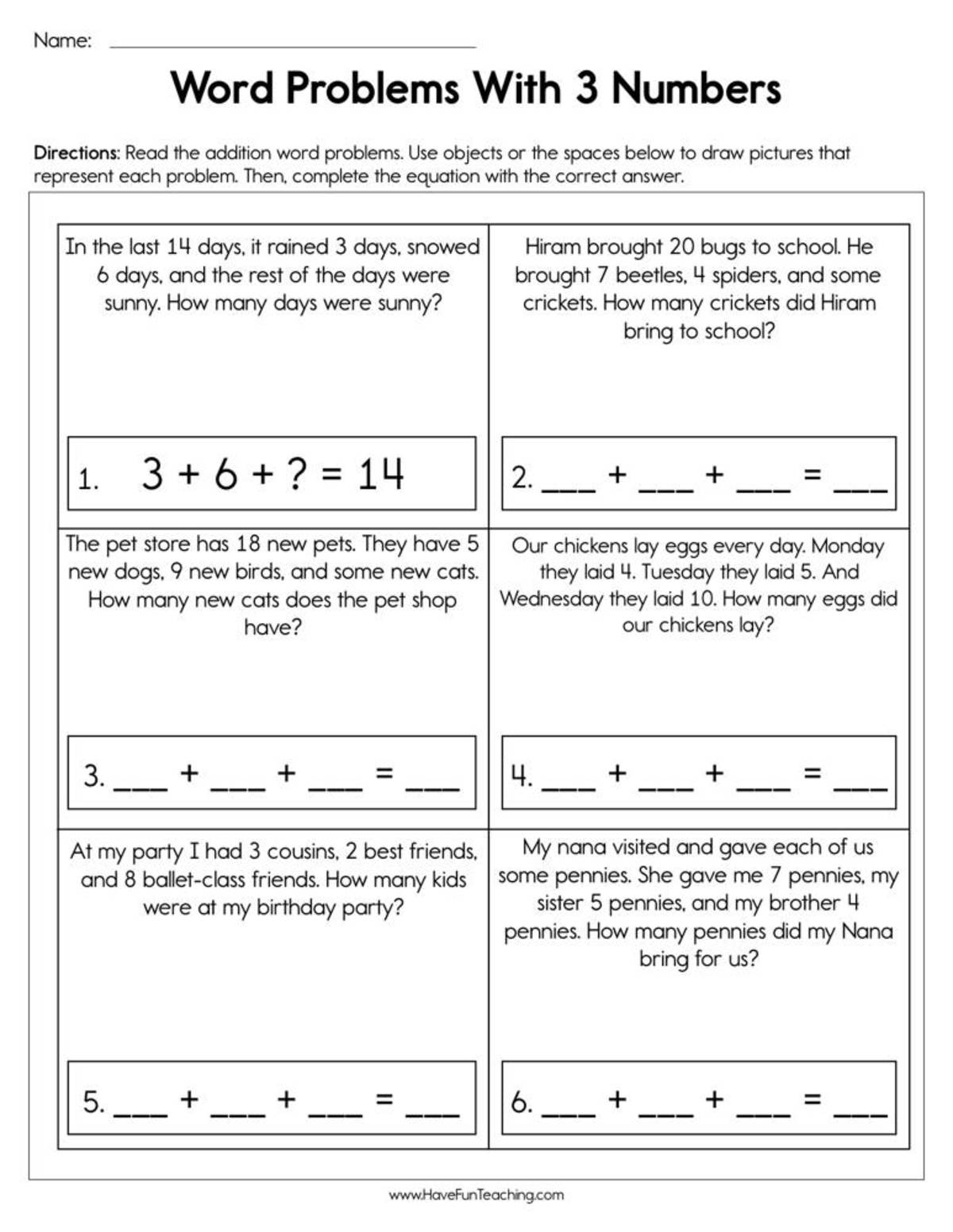 An educational teaching resource from Have Fun Teaching entitled Word Problems With 3 Numbers Worksheet downloadable at Teach Simple.