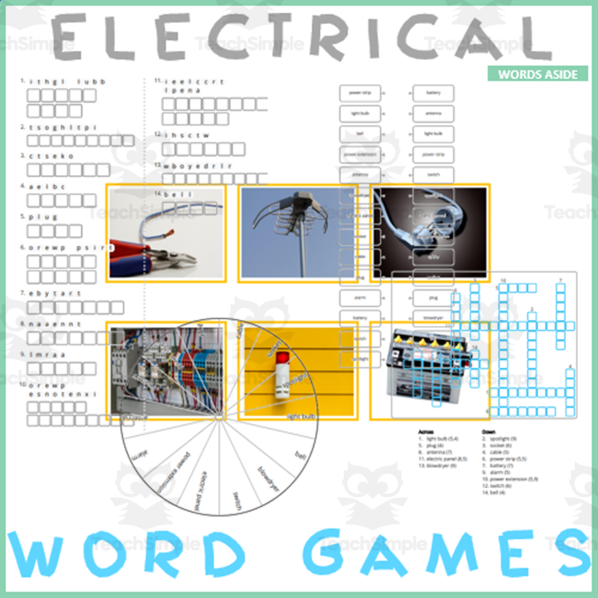 An educational teaching resource from WORDS ASIDE entitled Word Puzzle Games | Copy Crossword Wordsearch Anagram | ELECTRICAL downloadable at Teach Simple.