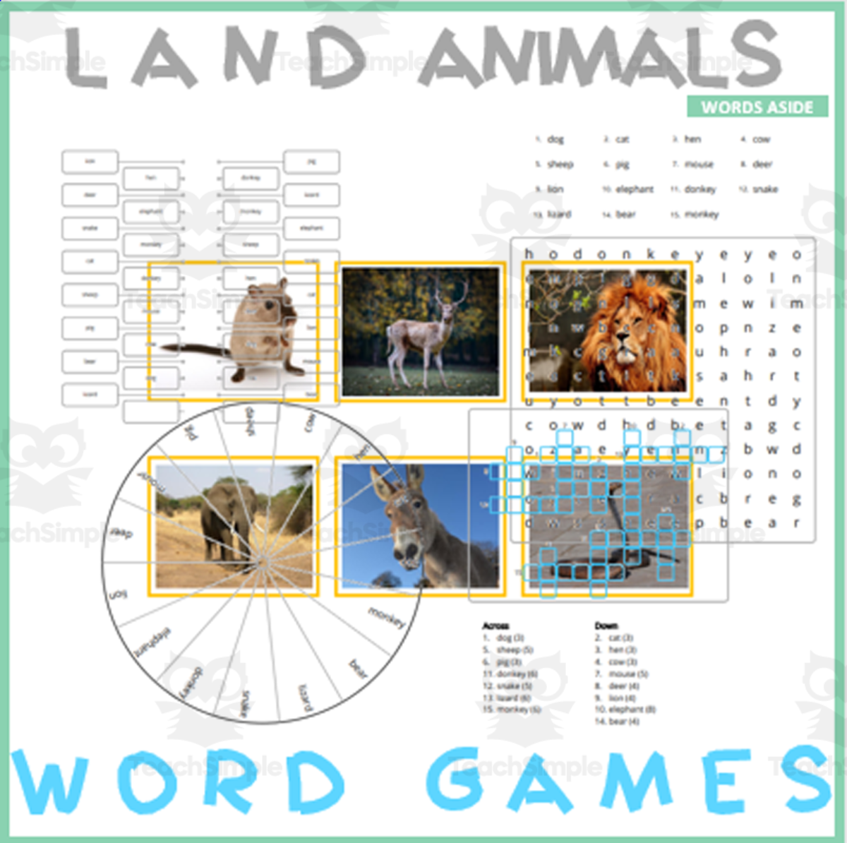 An educational teaching resource from WORDS ASIDE entitled Word Puzzle Games | Copy Crossword Wordsearch Anagram | LAND ANIMALS downloadable at Teach Simple.