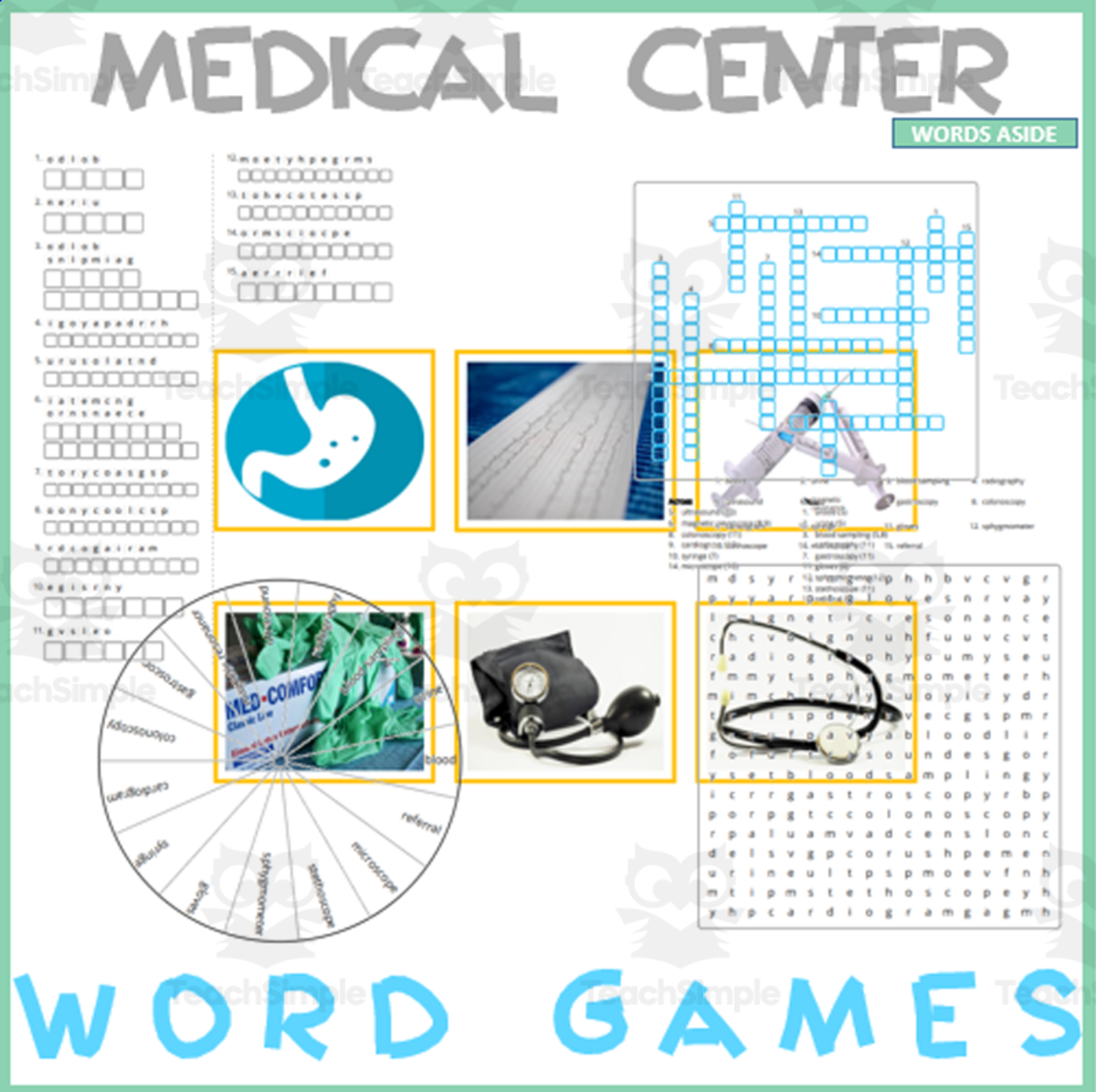 An educational teaching resource from WORDS ASIDE entitled Word Puzzle Games | Copy Crossword Wordsearch Anagram | MEDICAL CENTER downloadable at Teach Simple.