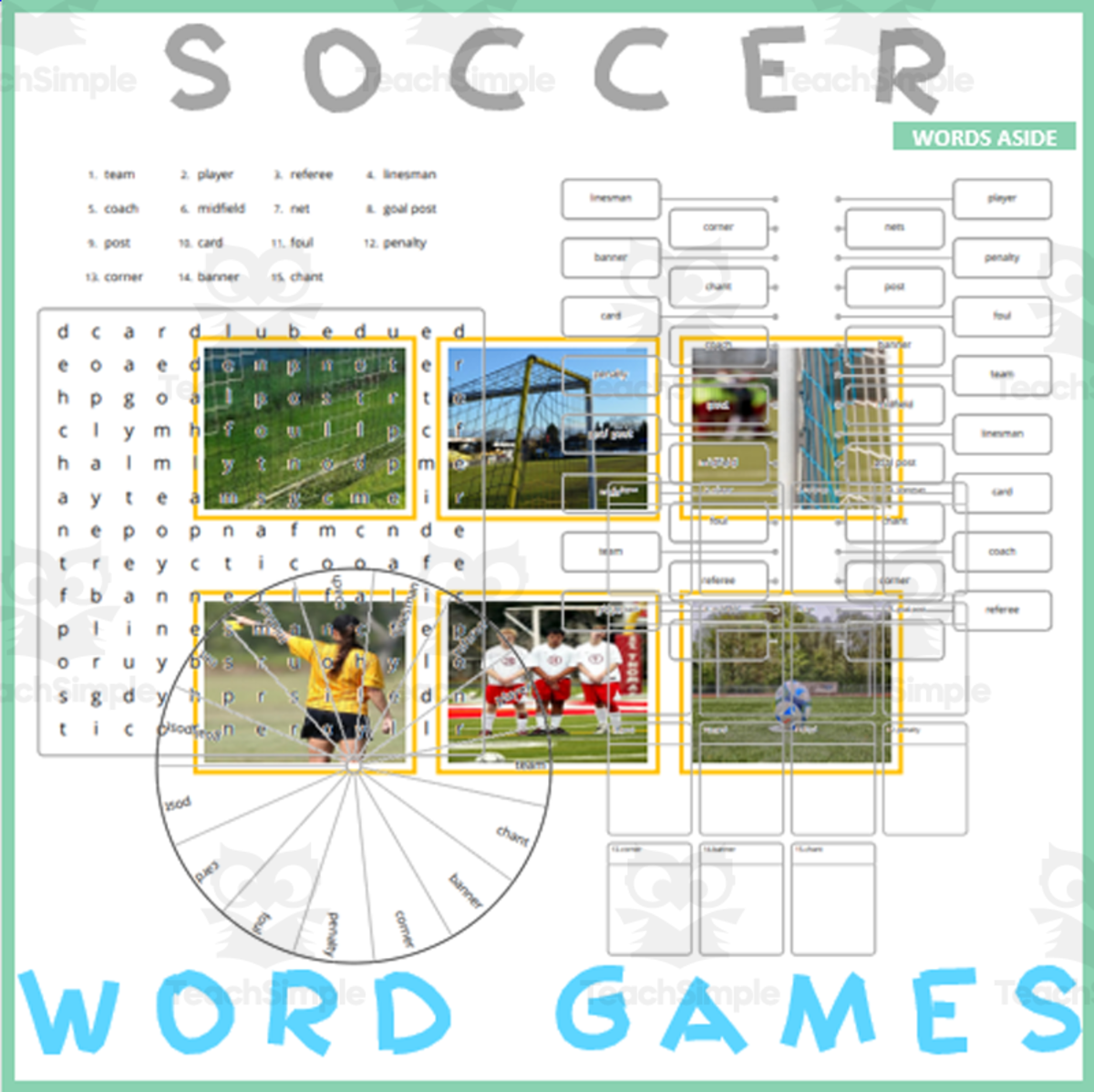 An educational teaching resource from WORDS ASIDE entitled Word Puzzle Games | Copy Crossword Wordsearch Anagram | SOCCER downloadable at Teach Simple.