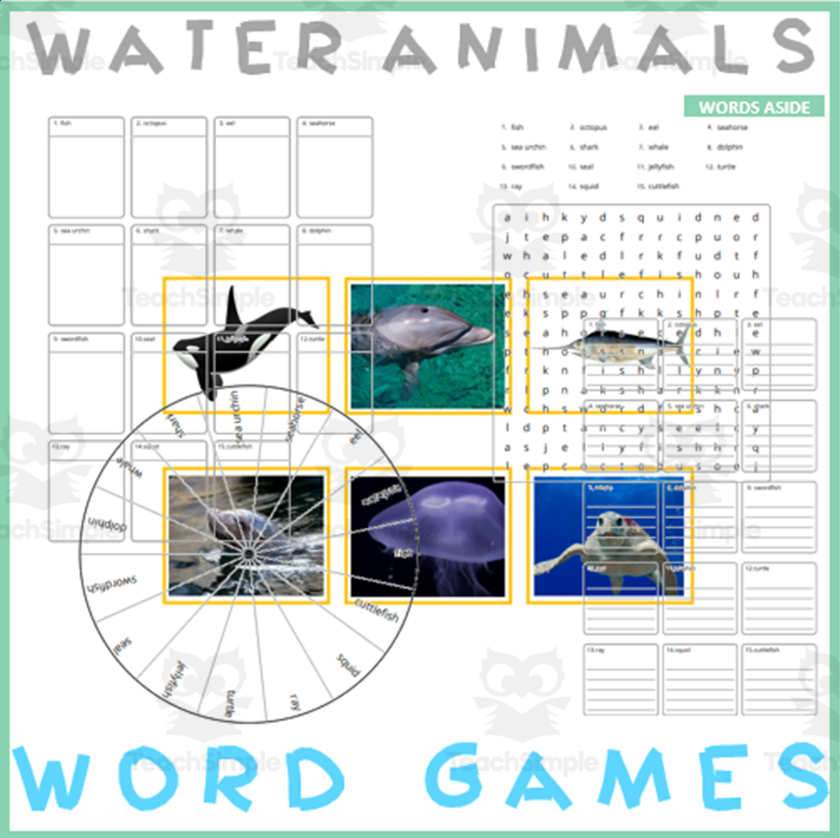 An educational teaching resource from WORDS ASIDE entitled Word Puzzle Games | Copy Crossword Wordsearch Anagram | WATER ANIMALS downloadable at Teach Simple.