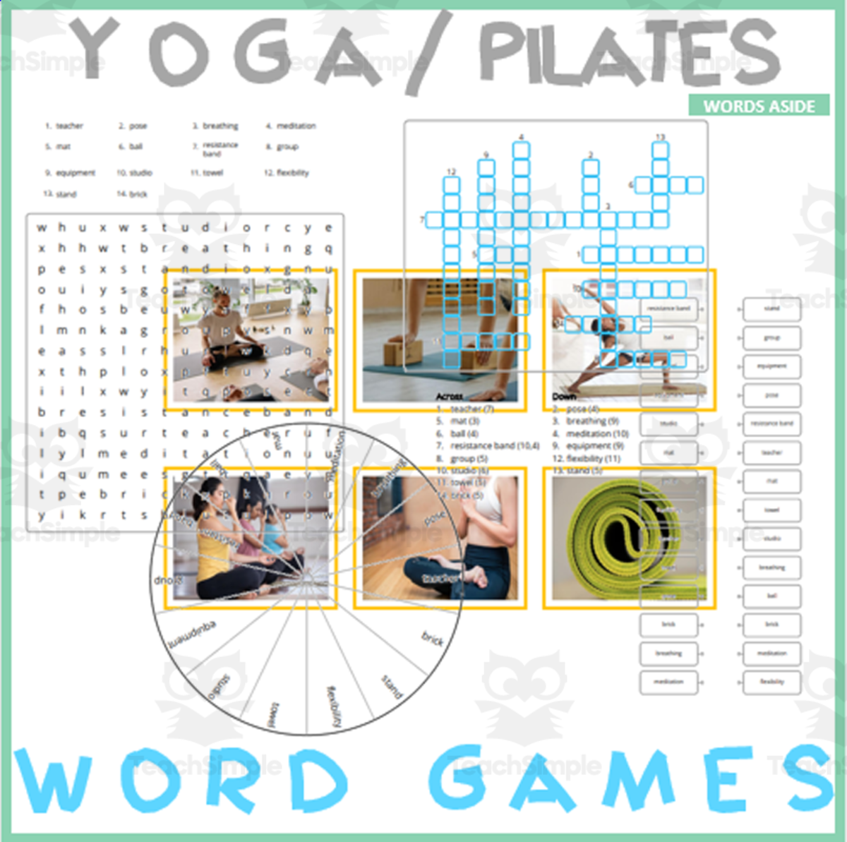 An educational teaching resource from WORDS ASIDE entitled Word Puzzle Games | Copy Crossword Wordsearch Anagram | YOGA PILATES downloadable at Teach Simple.