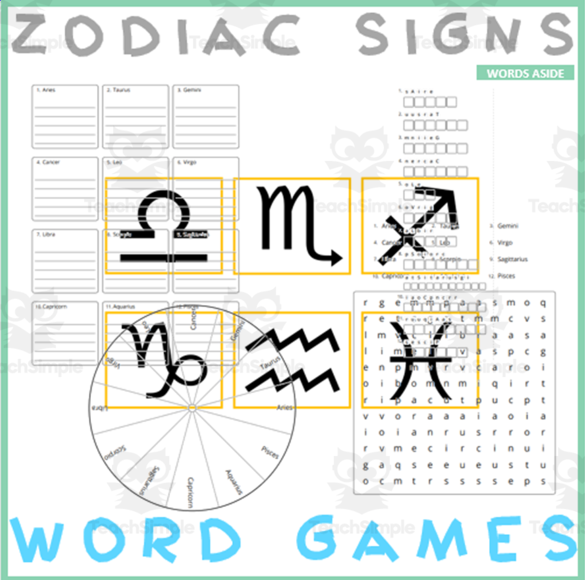 An educational teaching resource from WORDS ASIDE entitled Word Puzzle Games | Copy Crossword Wordsearch Anagram | ZODIAC SIGNS downloadable at Teach Simple.
