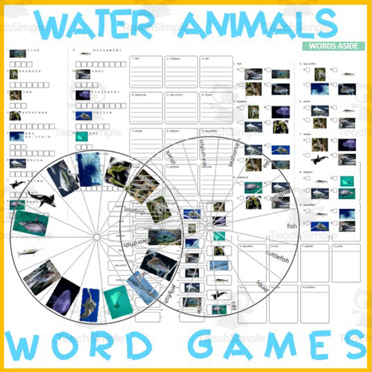 An educational teaching resource from WORDS ASIDE entitled Word Puzzles Crossword Anagram WATER ANIMALS downloadable at Teach Simple.