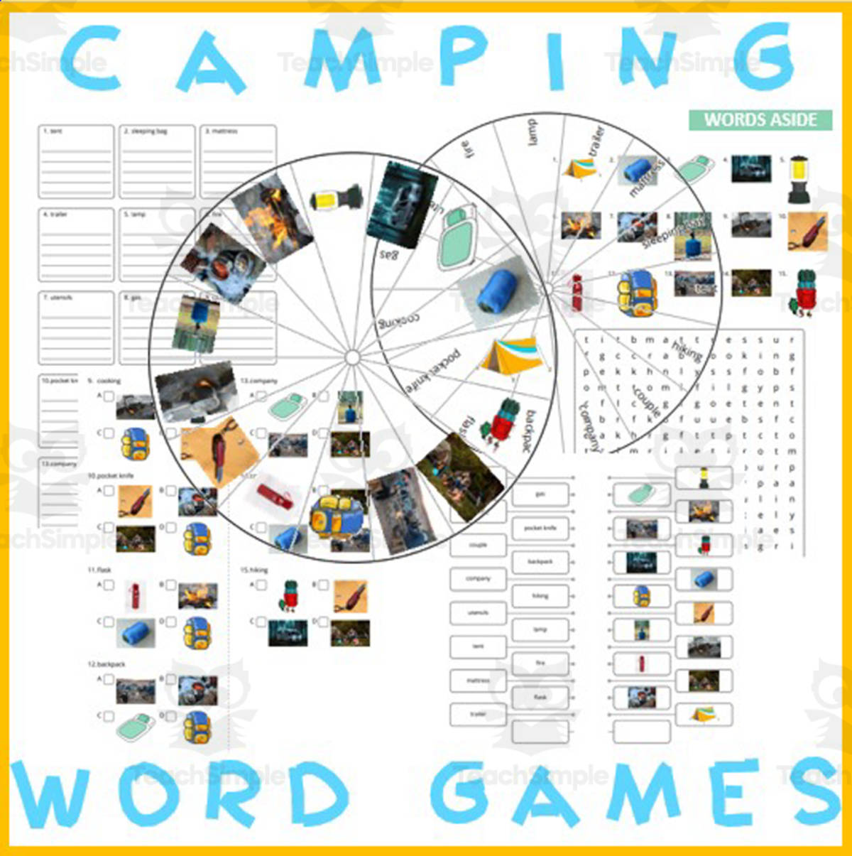 An educational teaching resource from WORDS ASIDE entitled Word Puzzles Crossword Wordsearch Anagram CAMPING downloadable at Teach Simple.