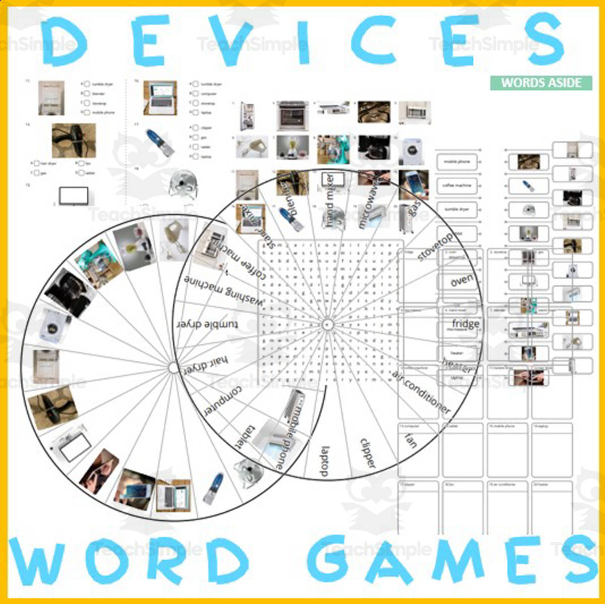 An educational teaching resource from WORDS ASIDE entitled Word Puzzles Crossword Wordsearch Anagram DEVICES downloadable at Teach Simple.
