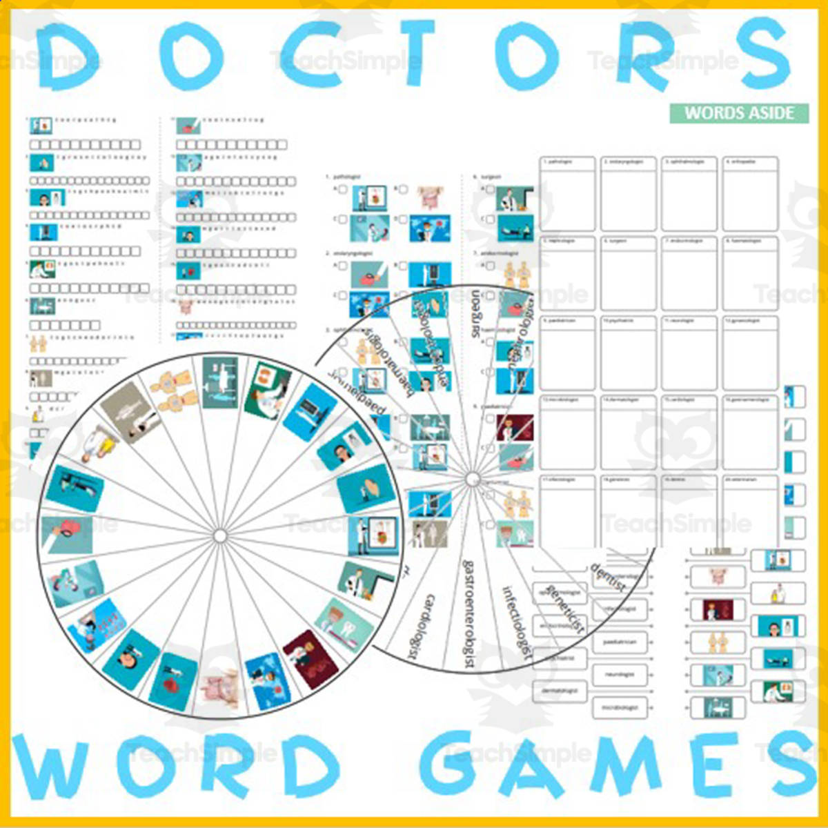 An educational teaching resource from WORDS ASIDE entitled Word Puzzles Crossword Wordsearch Anagram DOCTORS downloadable at Teach Simple.