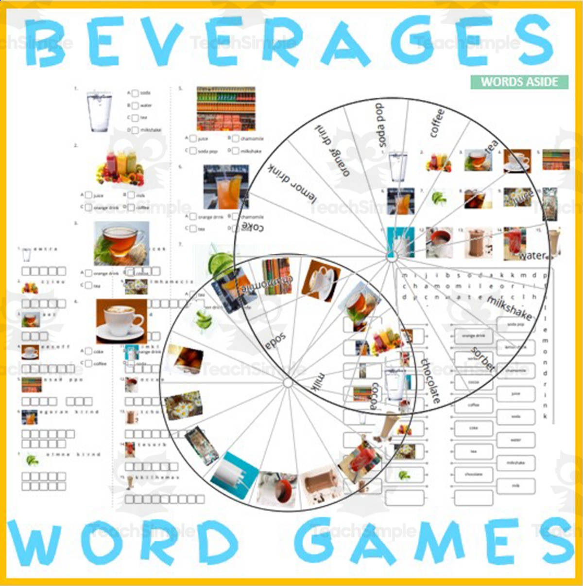 An educational teaching resource from WORDS ASIDE entitled Word Puzzles Crossword Wordsearch Anagram DRINKS downloadable at Teach Simple.