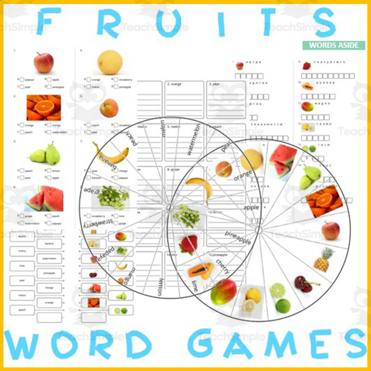 An educational teaching resource from WORDS ASIDE entitled Word Puzzles Crossword Wordsearch Anagram FRUITS downloadable at Teach Simple.