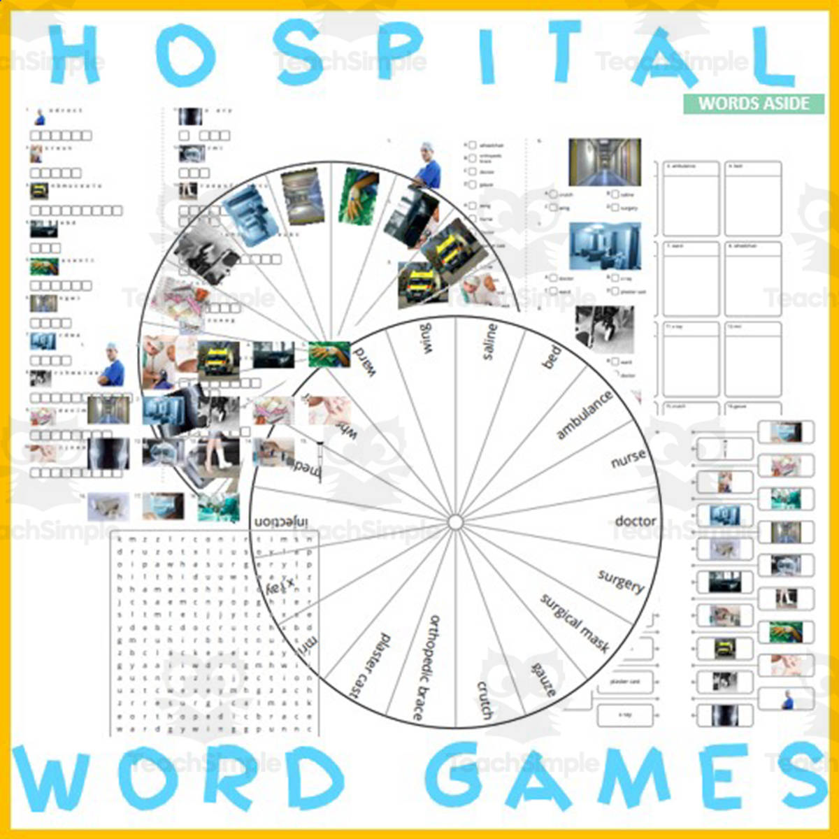 An educational teaching resource from WORDS ASIDE entitled Word Puzzles Crossword Wordsearch Anagram HOSPITAL downloadable at Teach Simple.