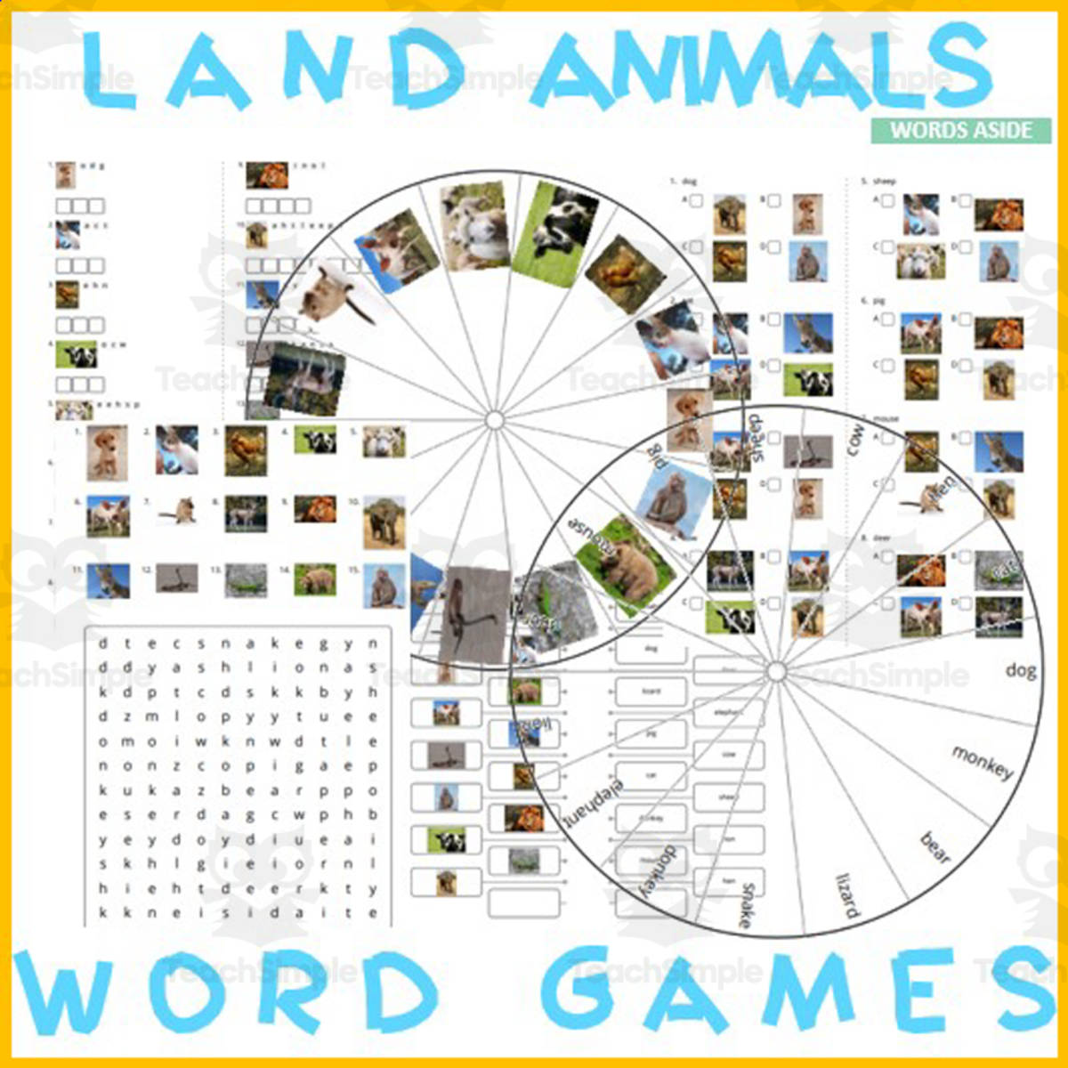 An educational teaching resource from WORDS ASIDE entitled Word Puzzles Crossword Wordsearch Anagram LAND ANIMALS downloadable at Teach Simple.