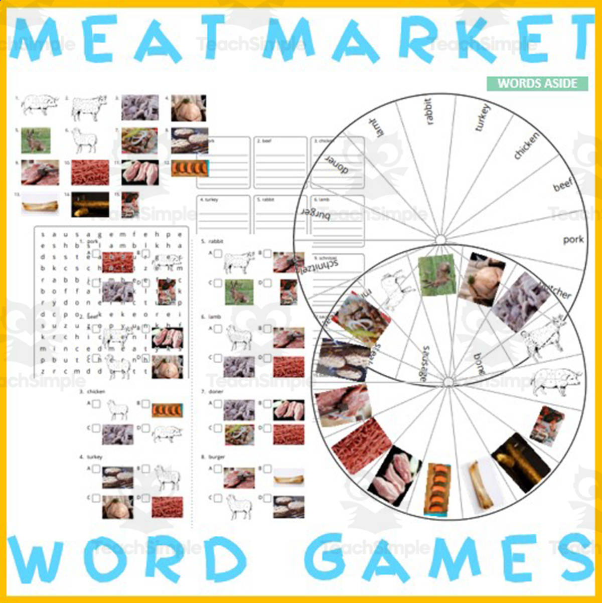 An educational teaching resource from WORDS ASIDE entitled Word Puzzles Crossword Wordsearch Anagram MEAT MARKET downloadable at Teach Simple.