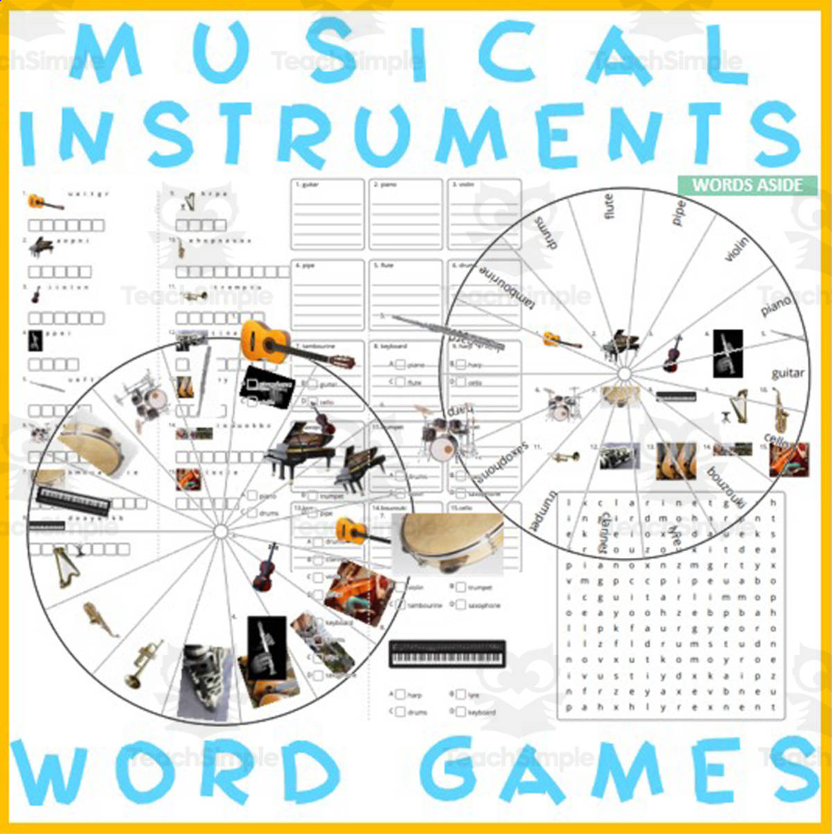 An educational teaching resource from WORDS ASIDE entitled Word Puzzles Crossword Wordsearch Anagram MUSIC downloadable at Teach Simple.