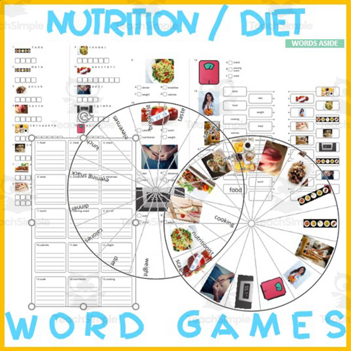 An educational teaching resource from WORDS ASIDE entitled Word Puzzles Crossword Wordsearch Anagram NUTRITION DIET MEALS downloadable at Teach Simple.