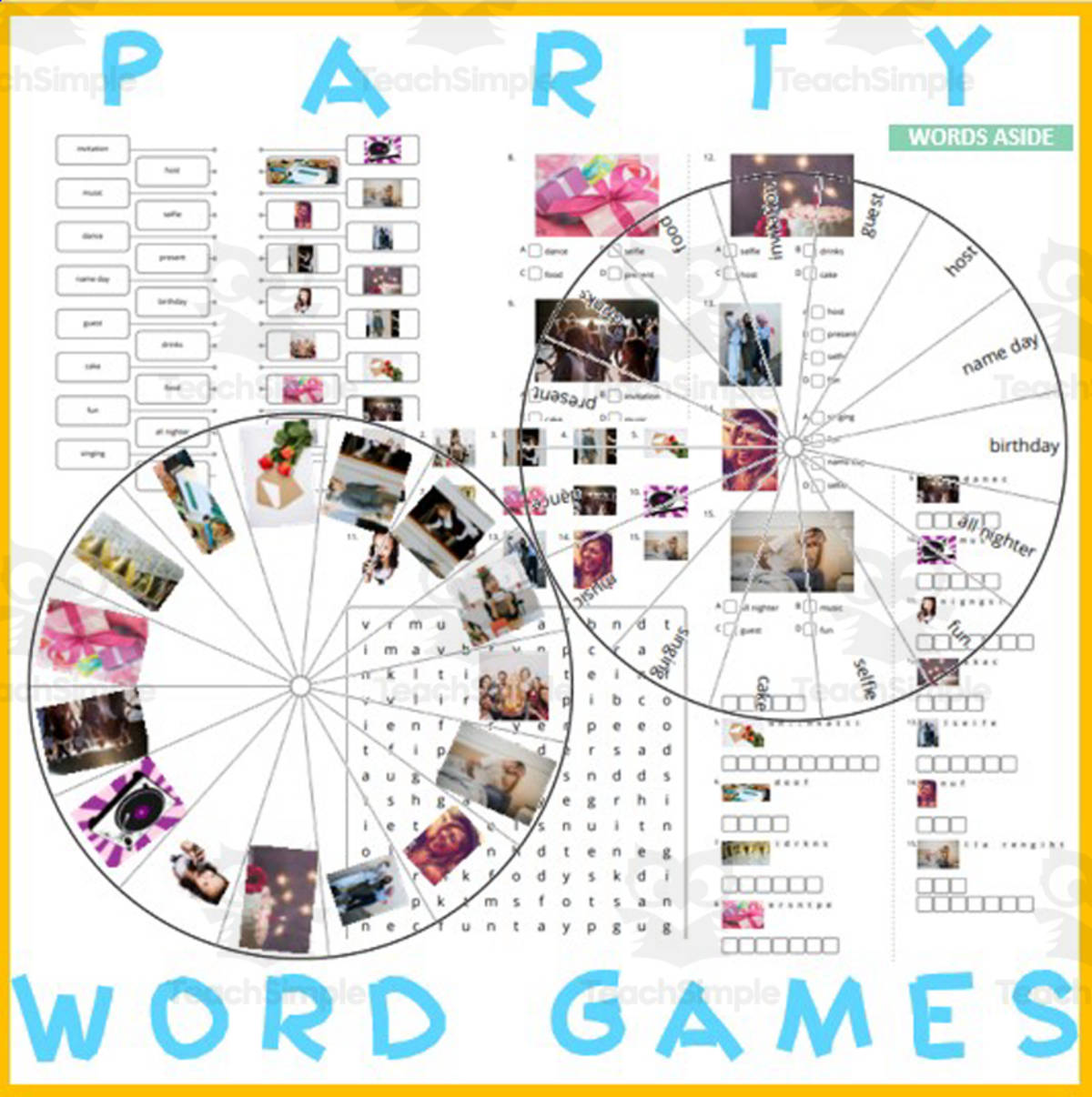 An educational teaching resource from WORDS ASIDE entitled Word Puzzles Crossword Wordsearch Anagram PARTY downloadable at Teach Simple.