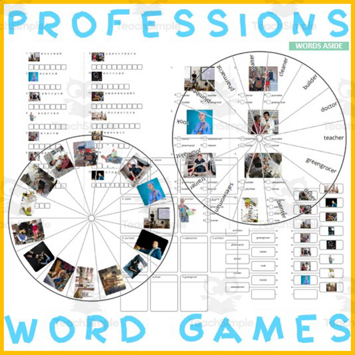 An educational teaching resource from WORDS ASIDE entitled Word Puzzles Crossword Wordsearch Anagram PROFESSIONS downloadable at Teach Simple.