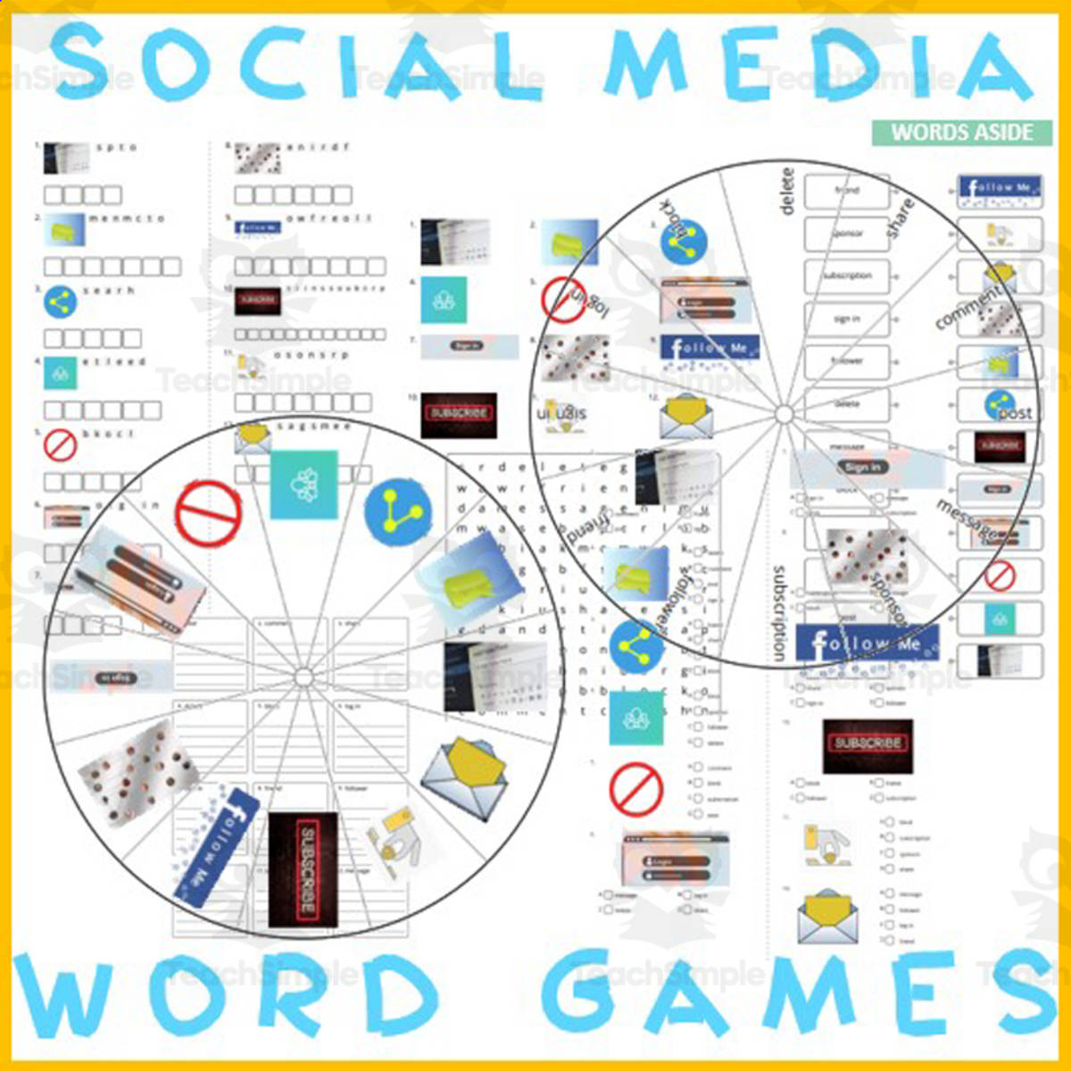 An educational teaching resource from WORDS ASIDE entitled Word Puzzles Crossword Wordsearch Anagram SOCIAL MEDIA downloadable at Teach Simple.