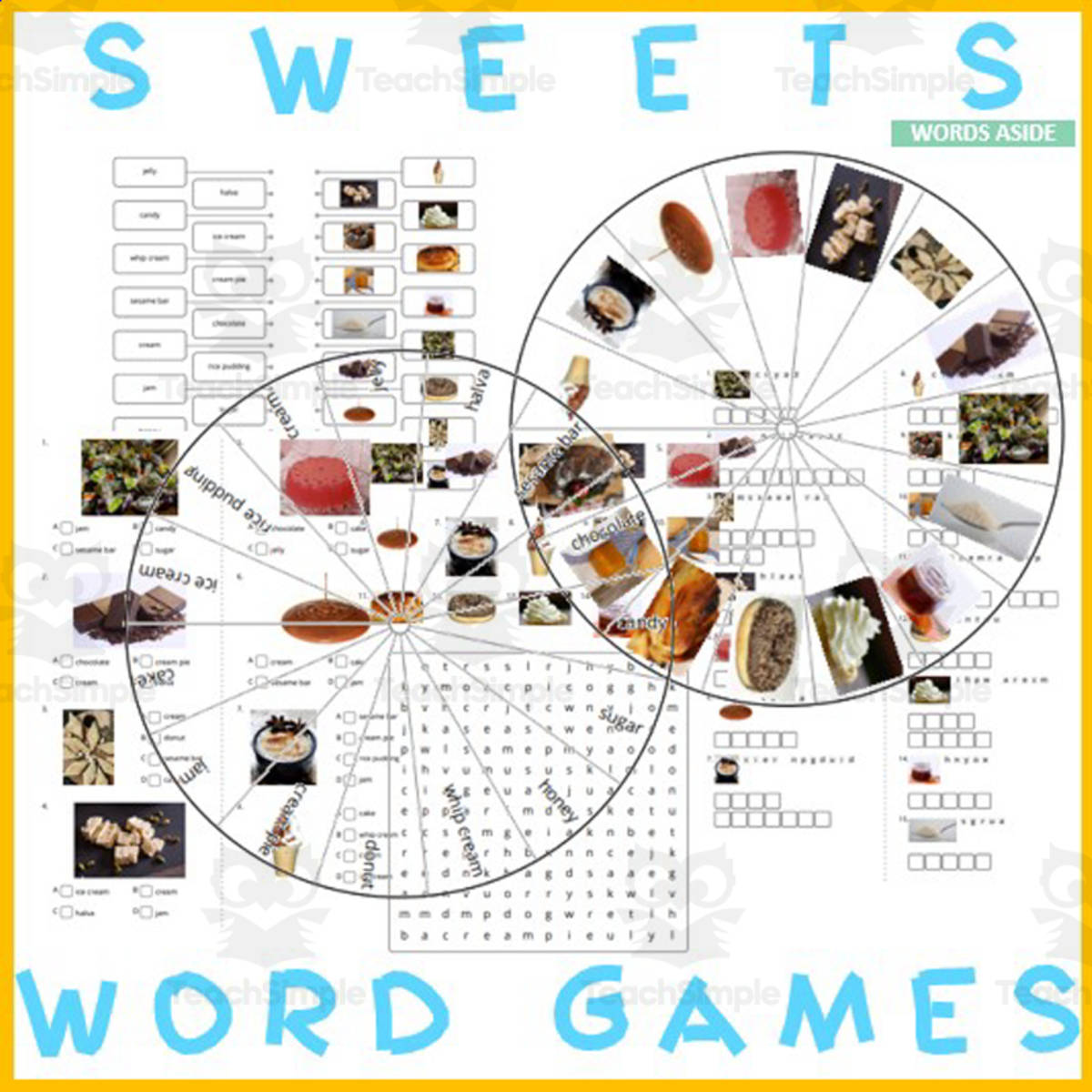 An educational teaching resource from WORDS ASIDE entitled Word Puzzles Crossword Wordsearch Anagram SWEETS downloadable at Teach Simple.