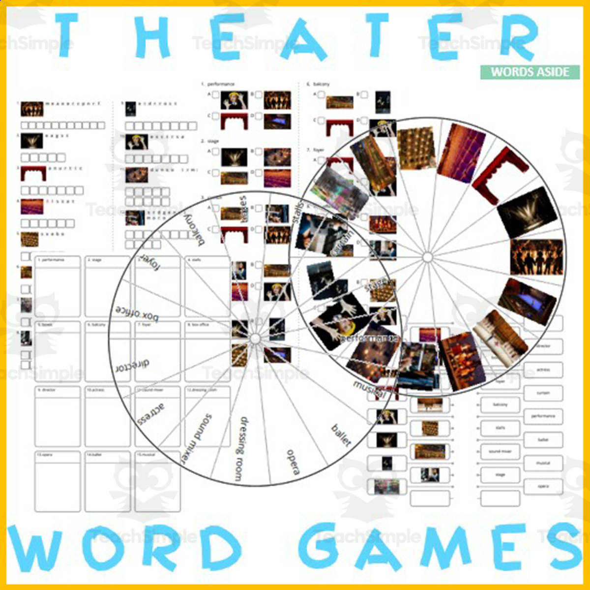 An educational teaching resource from WORDS ASIDE entitled Word Puzzles Crossword Wordsearch Anagram THEATER downloadable at Teach Simple.