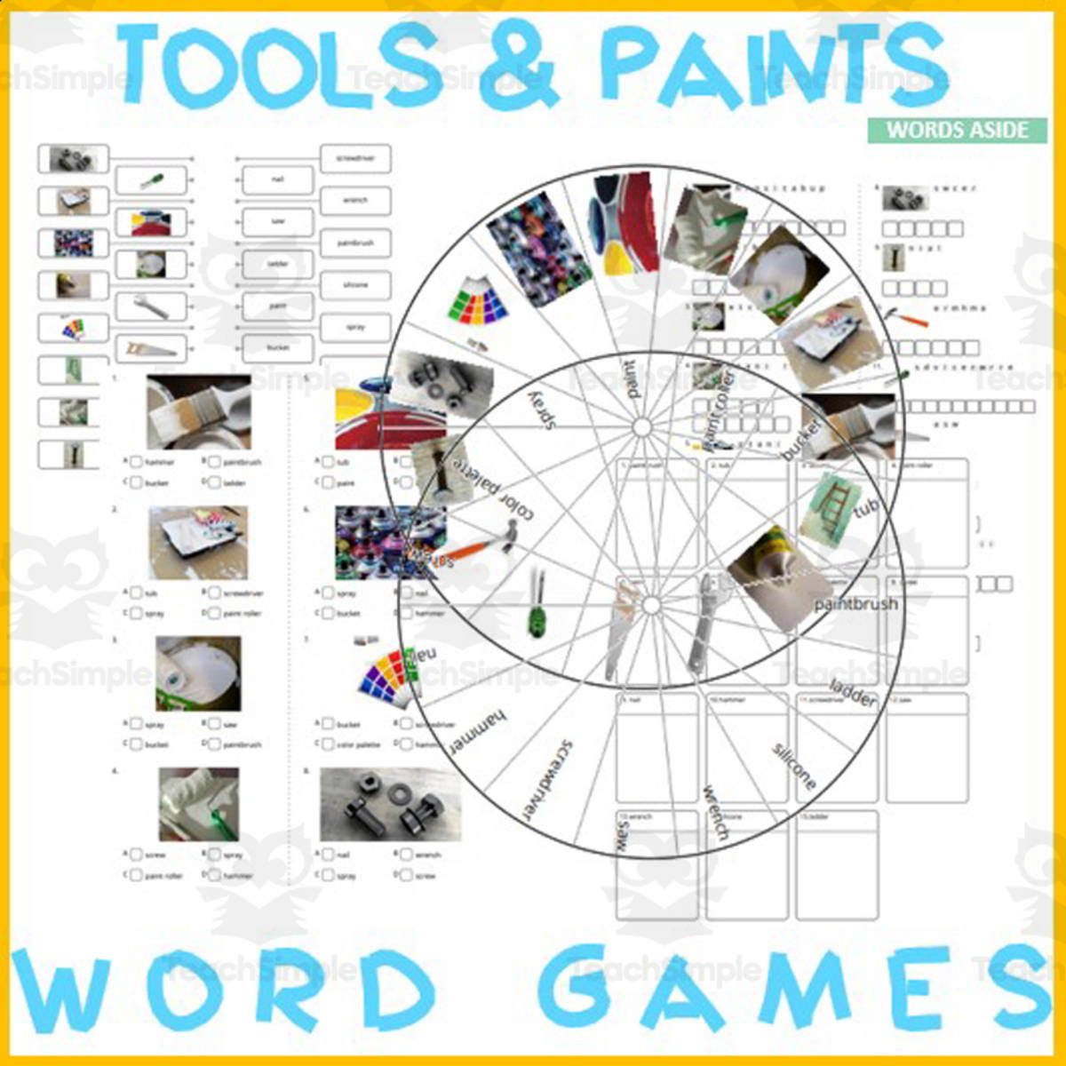 An educational teaching resource from WORDS ASIDE entitled Word Puzzles Crossword Wordsearch Anagram TOOLS PAINTS downloadable at Teach Simple.