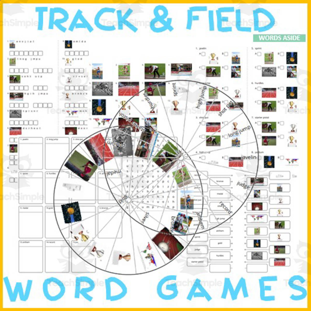 An educational teaching resource from WORDS ASIDE entitled Word Puzzles Crossword Wordsearch Anagram TRACK AND FIELD downloadable at Teach Simple.