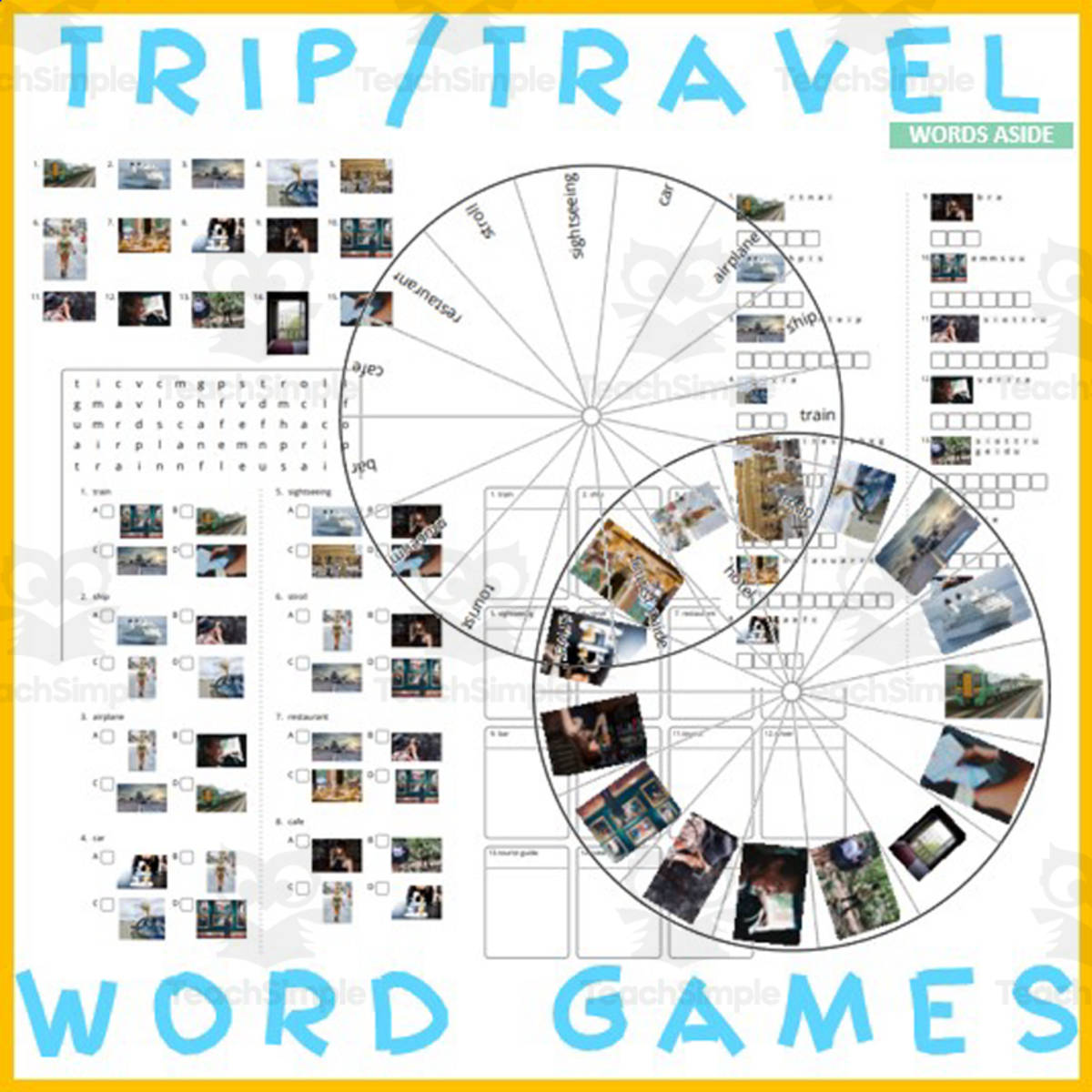 An educational teaching resource from WORDS ASIDE entitled Word Puzzles Crossword Wordsearch Anagram TRIP TRAVEL downloadable at Teach Simple.