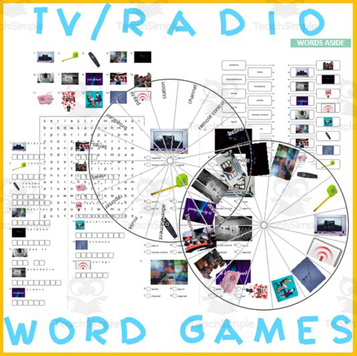 An educational teaching resource from WORDS ASIDE entitled Word Puzzles Crossword Wordsearch Anagram TV RADIO downloadable at Teach Simple.