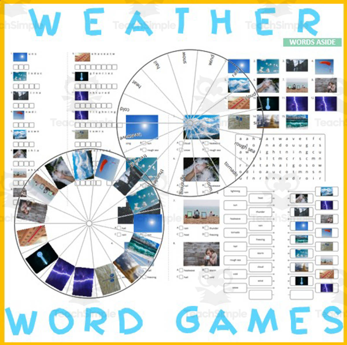 An educational teaching resource from WORDS ASIDE entitled Word Puzzles Crossword Wordsearch Anagram WEATHER downloadable at Teach Simple.