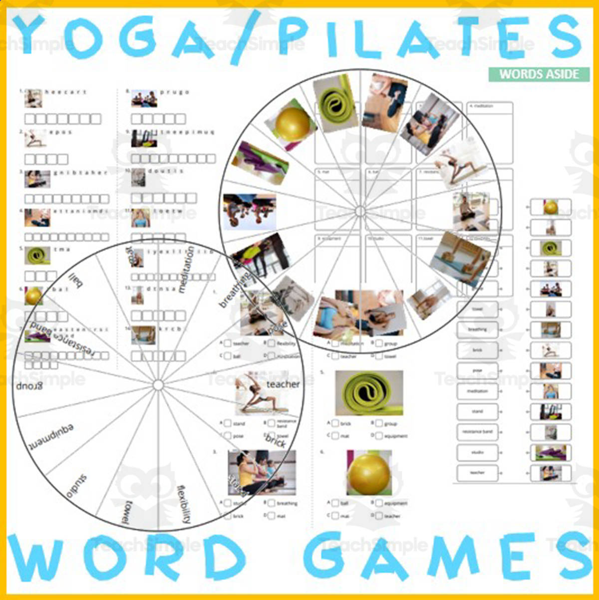 An educational teaching resource from WORDS ASIDE entitled Word Puzzles Crossword Wordsearch Anagram YOGA PILATES downloadable at Teach Simple.