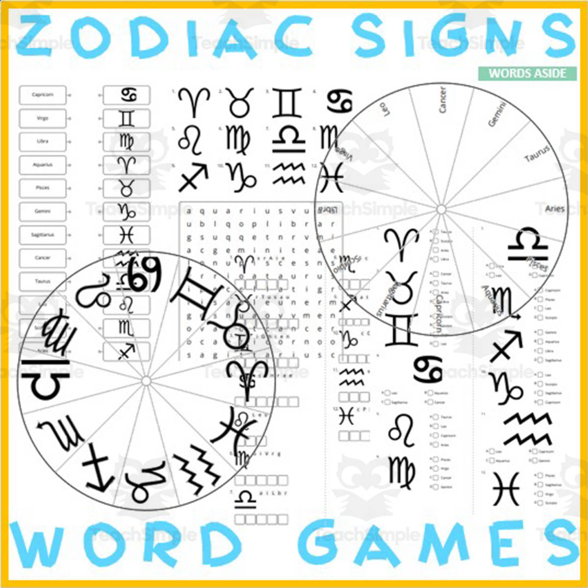 An educational teaching resource from WORDS ASIDE entitled Word Puzzles Crossword Wordsearch Anagram ZODIAC SIGNS downloadable at Teach Simple.