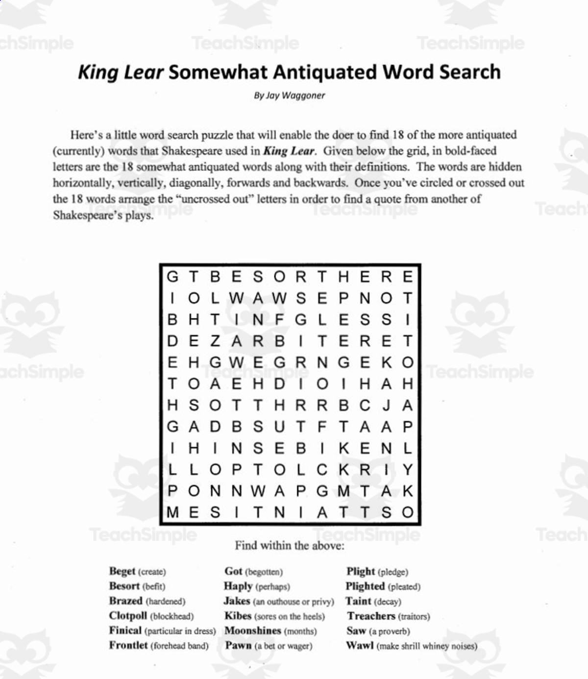 An educational teaching resource from Jay Waggoner entitled Word Search: King Lear Somewhat Antiquated Words downloadable at Teach Simple.