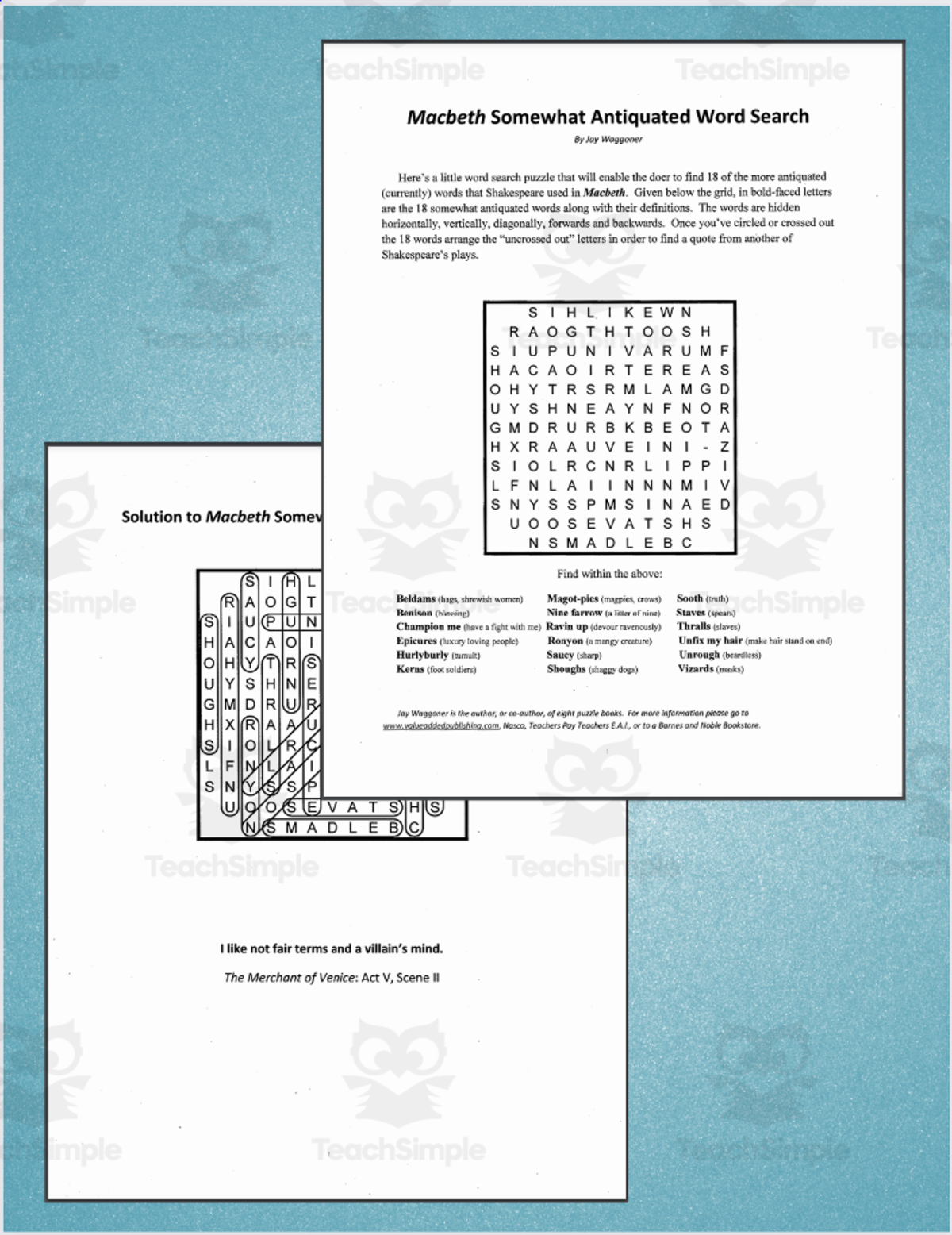 An educational teaching resource from Jay Waggoner entitled Word Search: Macbeth Somewhat Antiquated downloadable at Teach Simple.