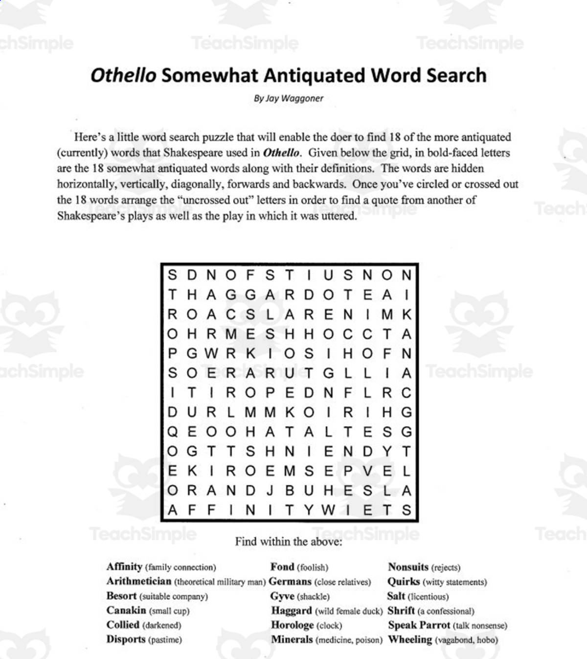 An educational teaching resource from Jay Waggoner entitled Word Search: Othello Somewhat Antiquated Words downloadable at Teach Simple.
