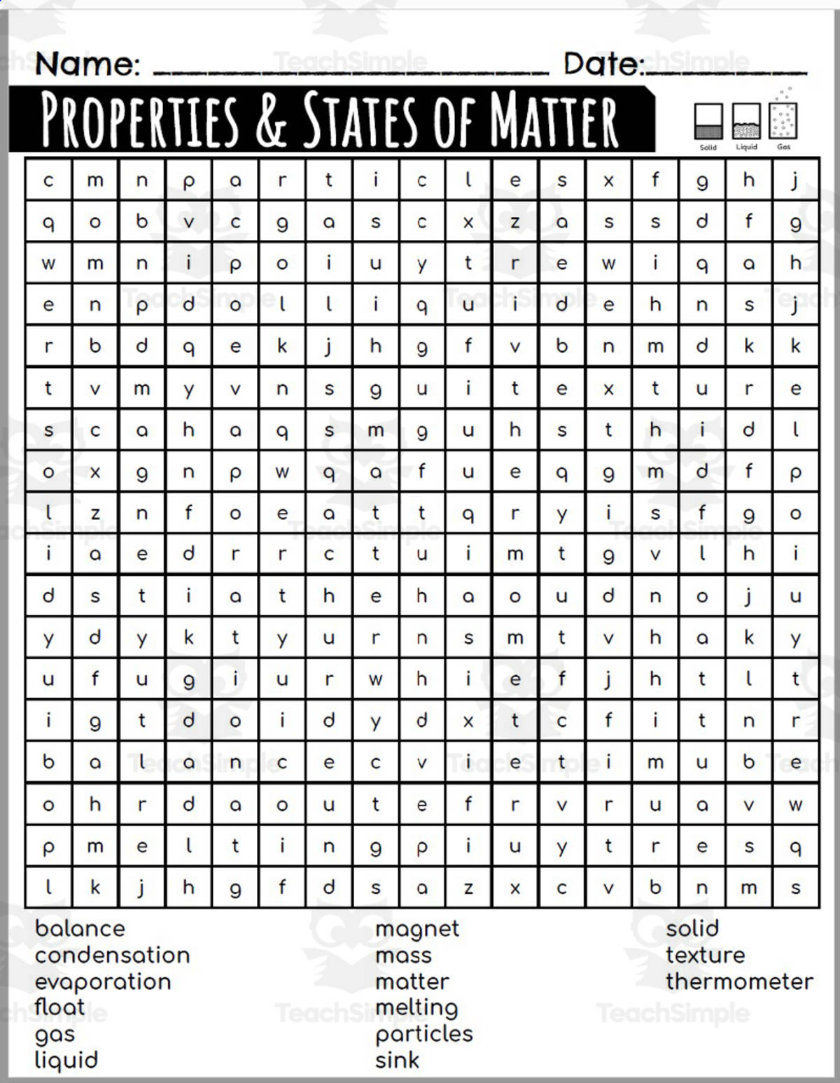 An educational teaching resource from Rodriguez's Resources entitled Properties & States of Matter Word Search downloadable at Teach Simple.