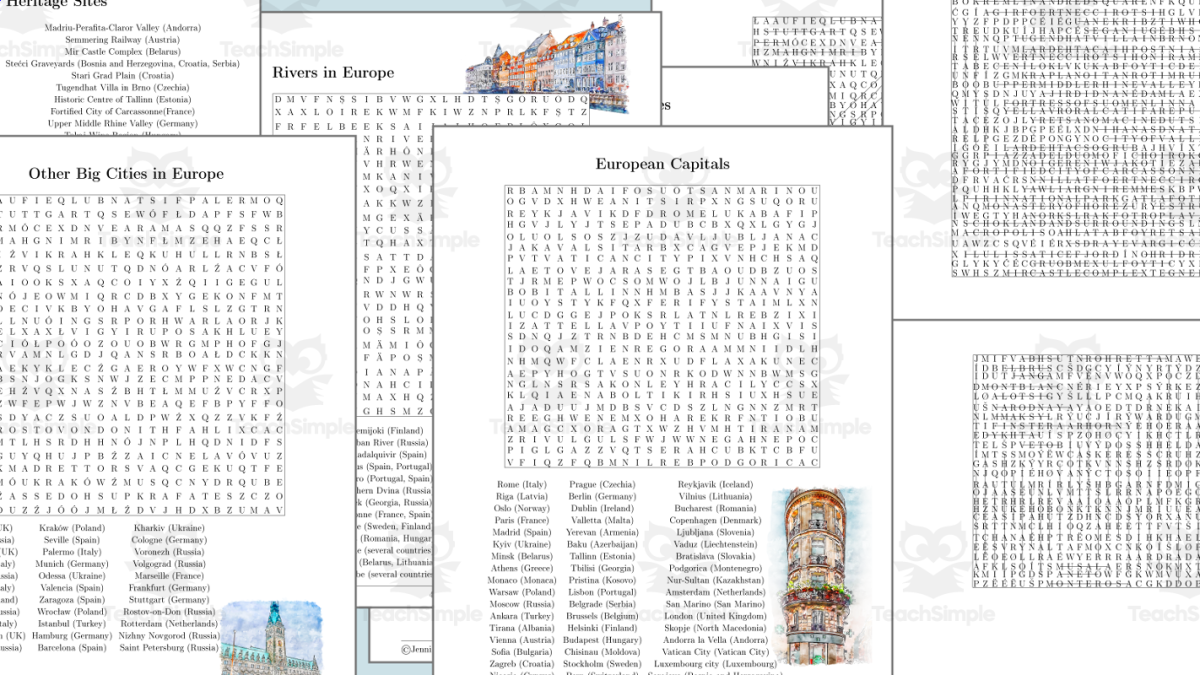 An educational teaching resource from TheBrightestKid entitled Word search puzzles about Europe downloadable at Teach Simple.