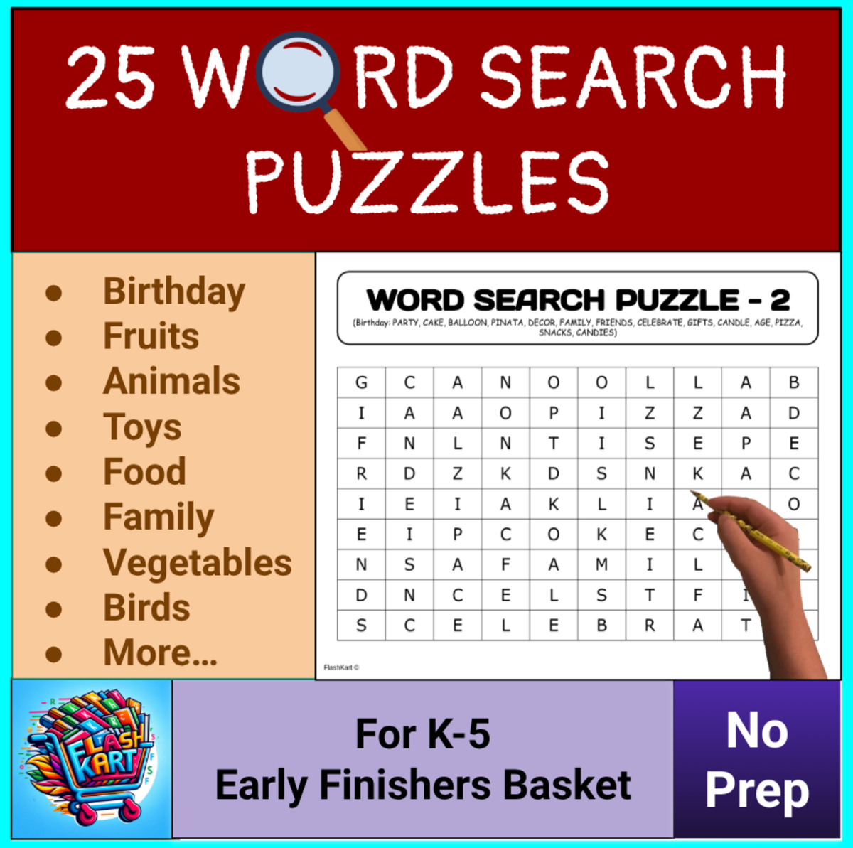 An educational teaching resource from FlashKart entitled Word Search Puzzles Pack Assorted Topics Birthday, Picnic, Food, Birds downloadable at Teach Simple.