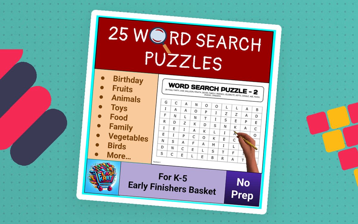 An educational teaching resource from FlashKart entitled Word Search Puzzles Pack Assorted Topics Birthday, Picnic, Food, Birds downloadable at Teach Simple.