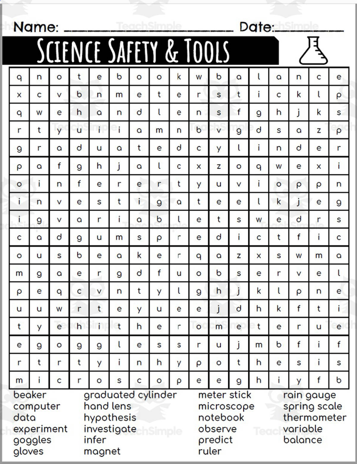 An educational teaching resource from Rodriguez's Resources entitled Word Search: Science Safety & Tools downloadable at Teach Simple.