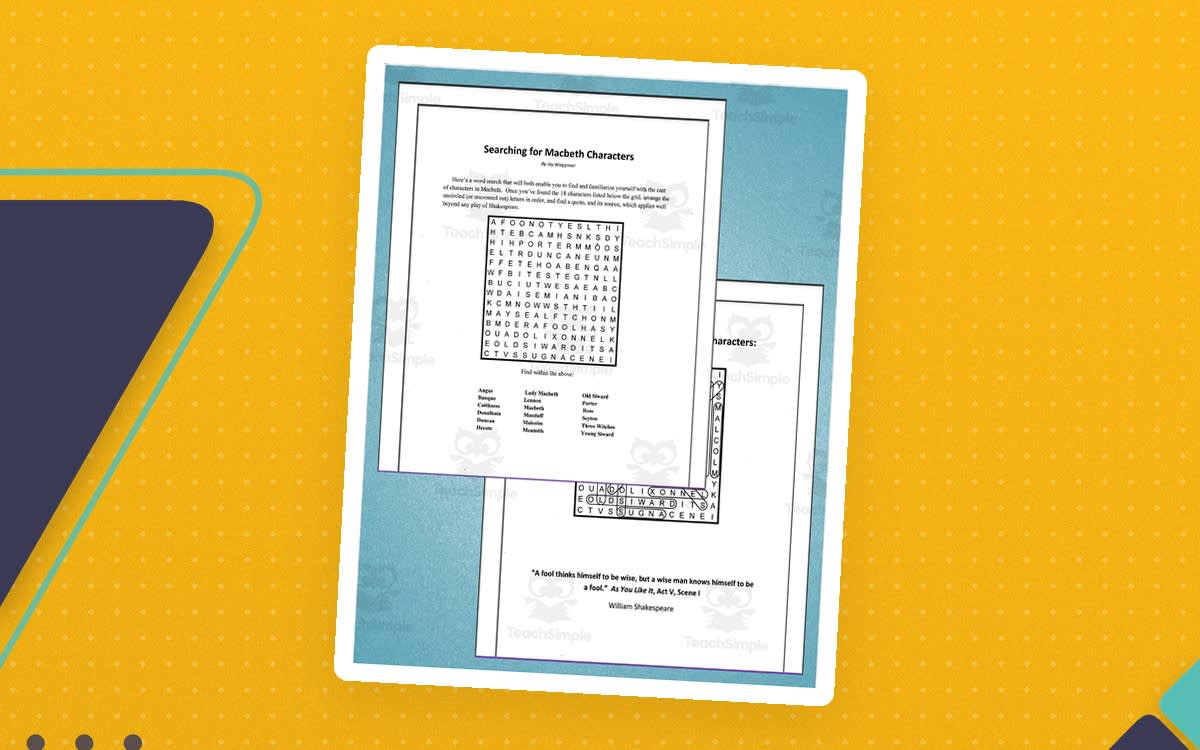 An educational teaching resource from Jay Waggoner entitled Word Search: Searching for Macbeth Characters downloadable at Teach Simple.