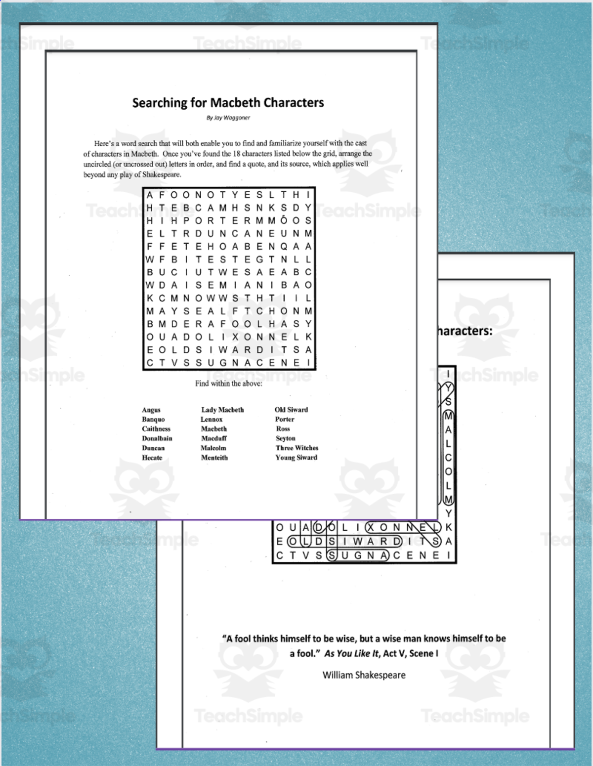 An educational teaching resource from Jay Waggoner entitled Word Search: Searching for Macbeth Characters downloadable at Teach Simple.