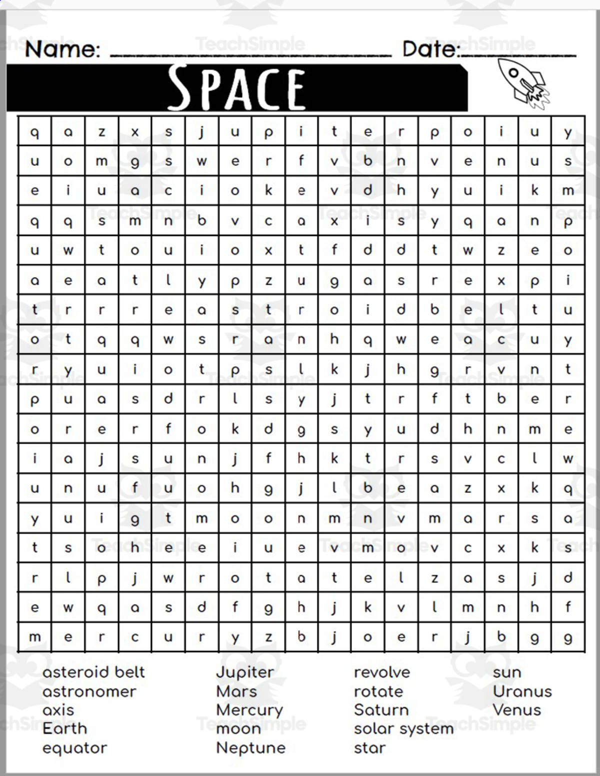 An educational teaching resource from Rodriguez's Resources entitled Word Search: Space downloadable at Teach Simple.